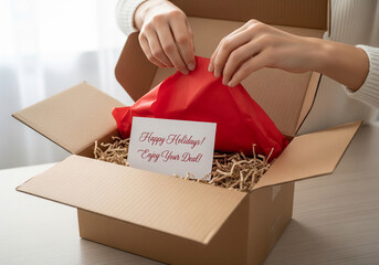 First-Person View of Hands Unboxing a Holiday Sale Purchase with Festive Tissue Paper
Keywords: