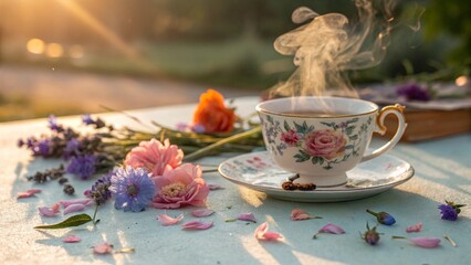Porcelain Tea Cup with Blossoms and Golden Light