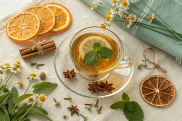 Rustic Herbal Infusion Scene with Botanical Ingredients
