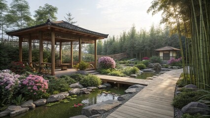 Japanese Zen Garden with Pavilion, Pond and Flowers