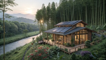 Eco-Friendly Wooden House with Solar Panels in Forest Landscape