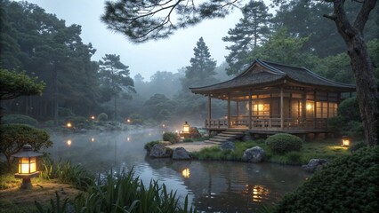 Evening Scene in a Serene Asian Garden with Wooden Tea Pavilion by Pond