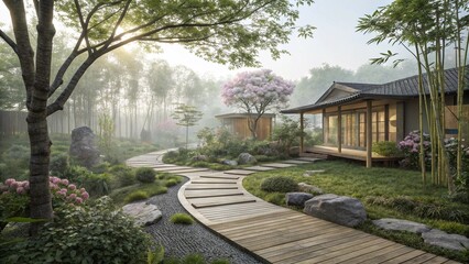 Sustainable Asian Inspired Garden with Wooden Walkway