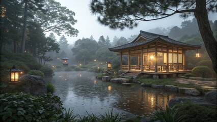 Tranquil Asian Garden at Dusk with Lanterns and Tea Pavilion
