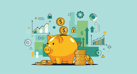 Bright piggy bank brimming with coins symbolizes financial growth, secure investments, and successful business strategies