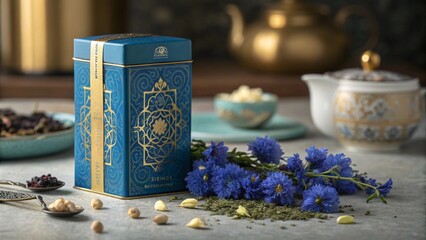 Luxury Blue and Gold Tea Tin Surrounded by Natural Ingredients
