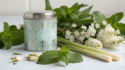 Mint Green Herbal Tea Tin with Fresh Lemongrass and Flowers