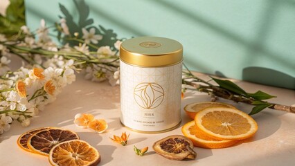 Premium Tea Packaging Surrounded by Dried Citrus and Blossoms