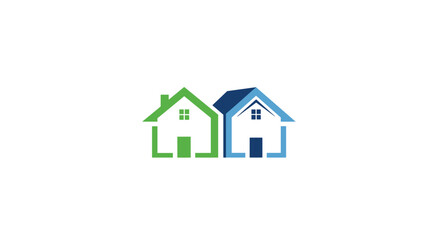 Modern twin house logos symbolizing partnership, real estate, and shared living spaces with vibrant green and blue designs
