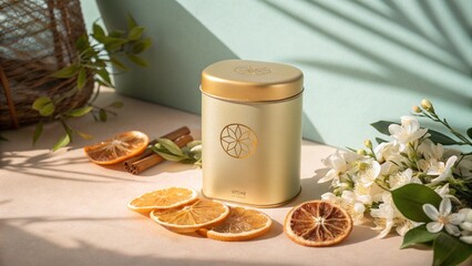 Golden Tea Tin with Citrus Slices and Floral Design