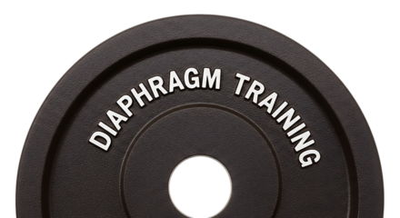 Weight Plate, Black with White Text Reading "DIAPHRAGM TRAINING" isolated on a transparent background, cutout, PNG