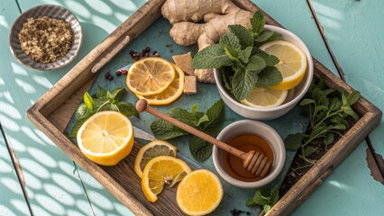 Natural Tea Ingredients on Wooden Tray with Mint and Ginger