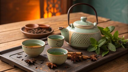 Oriental Tea Ceremony Setup with Ceramic Teapot and Spices