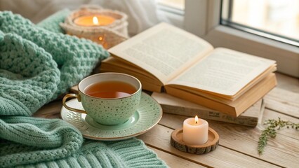 Cozy Reading Moment with Tea, Candles and Blanket