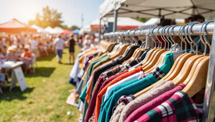 Obraz premium Colorful clothing rack at sunny flea market, vibrant secondhand finds
