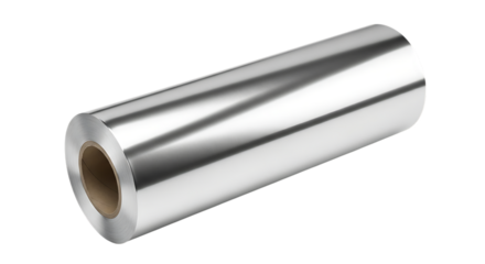 Aluminum Foil, Shiny Metallic Roll with Cardboard Core isolated on a transparent background, cutout, PNG