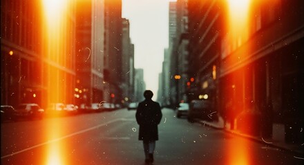Cinematic Street Photography with Film Burn Effect Lonely Man Walking in City Urban Retro Mood  
