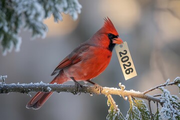 Northern cardinal holds tag with year 2026 in its beak