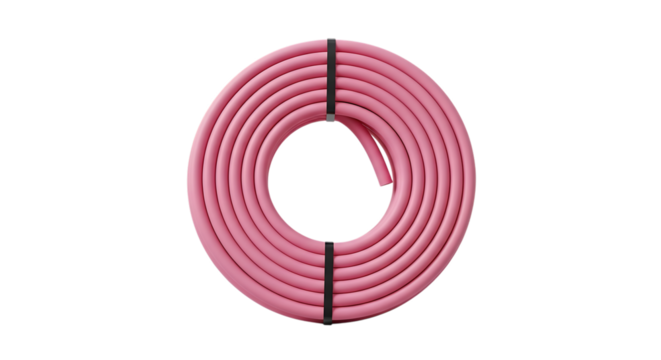 Garden Hose, Rolled Pink with Black Fasteners Against a Dark Background isolated on a transparent background, cutout, PNG