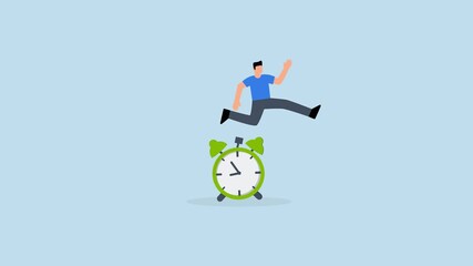 Punctual being on time or time management, 4k animation of confidence businessman jump over alarm clock.