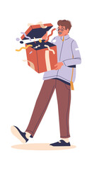 Surprised man opening gift box