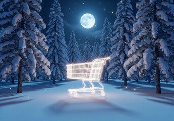Surreal 3D Render of a Glowing Digital Shopping Cart in a Magical Snowy Forest at Night