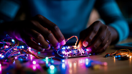 Electronics technology circuit board LED lights hands fingers soldering wiring circuitry electronic components hobbyist maker DIY electronics project circuit design lighting