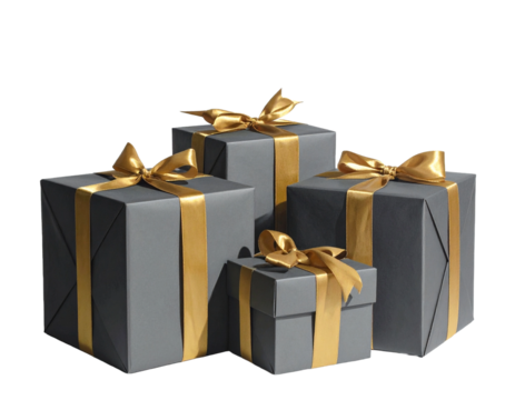 Group of four grey gift boxes with gold ribbon and bows