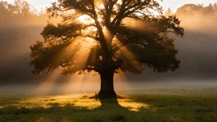 Spiritual Tree of Life design under warm sunlight, representing faith, prosperity, and growth, symbolic nature background with golden leaves, strong roots, and artistic concept of hope, eternal energy