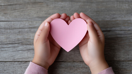 Two kid hands hold pink paper heart against a wooden background