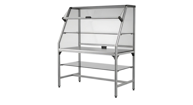 Workbench, Cleanroom with Glass Enclosure and Shelving isolated on a transparent background, cutout, PNG