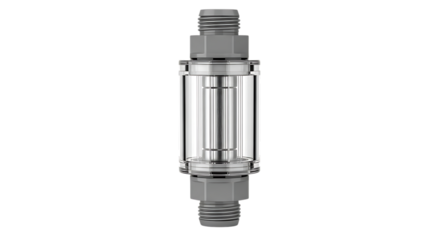 Inline Filter, Clear Cylindrical with Threaded Grey Connectors on Top and Bottom isolated on a transparent background, cutout, PNG