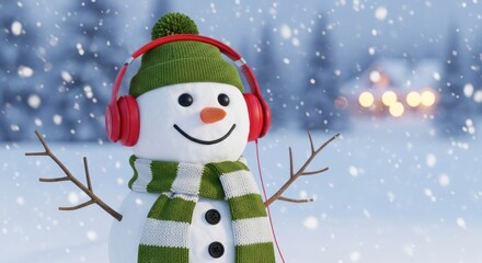 Snowman Listening to Music with Red Headphones