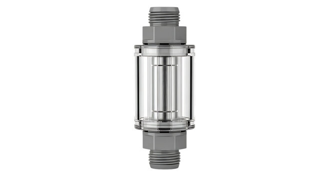 Inline Filter, Clear Cylindrical with Threaded Grey Connectors on Top and Bottom isolated on a transparent background, cutout, PNG