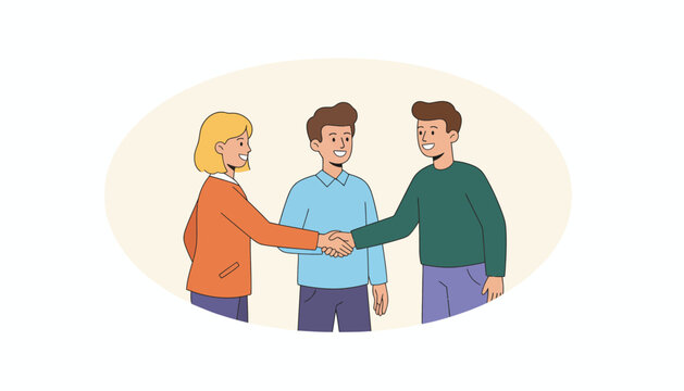 A guest speaker being welcomed into the studio with friendly handshakes and friendly smiles reflecting a warm inviting atmosphere.