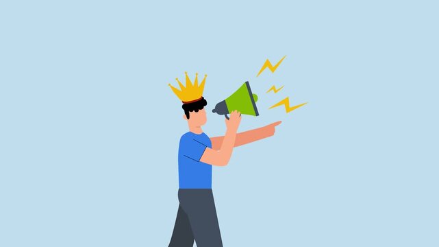 Big boss, 4k animation of angry business leader yelling into megaphone while gesturing direction.