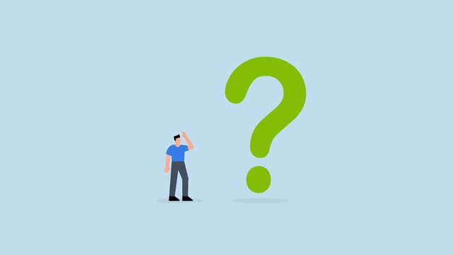 Big question mark, 4k animation of entrepreneur pondering as he gazes at large question mark.