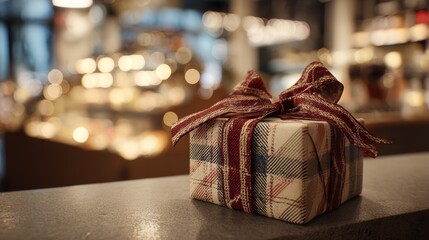Wrapped present with plaid ribbon sitting on grocery store counter