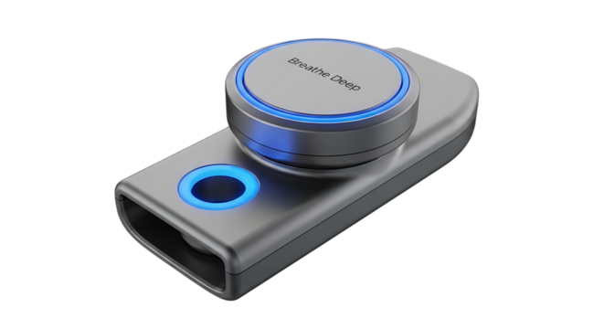 Device, Sleek Silver with Blue Illuminated Accents and Text "Breathe Deep" isolated on a transparent background, cutout, PNG
