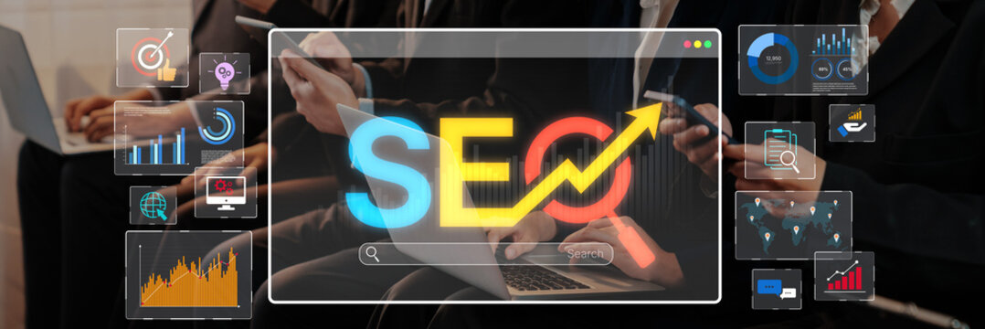 A dynamic visual representation of SEO growth, with business professionals using mobile devices, highlighting the integration of technology and digital marketing strategies. Trope