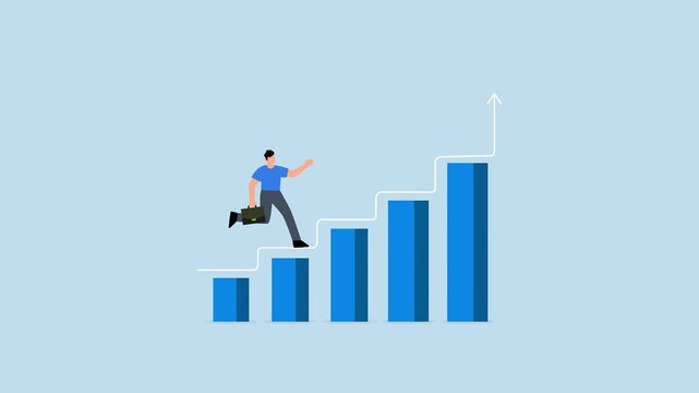 improvement to success, 4k animation of entrepreneur ascends success chart and graph with steps to achievement.