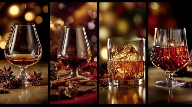  christmas design of whisky in glasses of rich amber coloured textures, layout, glamour collage of four sections 
