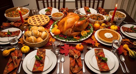 Festive Feast: A meticulously set dining table laden with a bountiful Thanksgiving spread, adorned with autumn hues and delectable dishes, inviting warmth and togetherness.