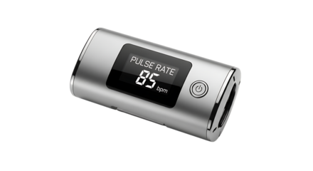 Pulse Oximeter, Silver Digital Displaying 85 BPM Heart Rate isolated on a transparent background, cutout, PNG