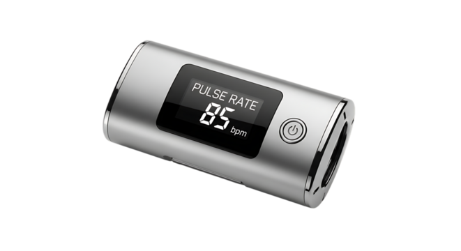 Pulse Oximeter, Silver Digital Displaying 85 BPM Heart Rate isolated on a transparent background, cutout, PNG