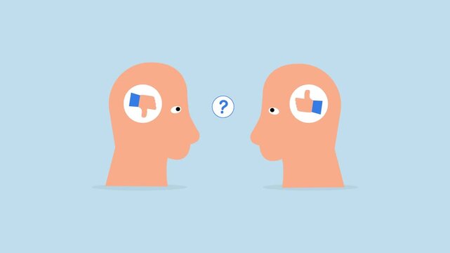 Perception process to interpret information, 4k animation of human head observing an object with varied interpretation.