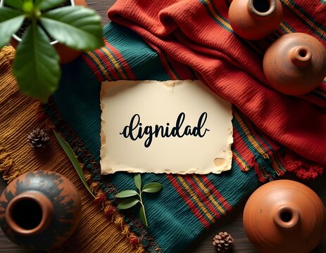 Top Down View of Woven Bolivian Textiles with Note Reading Dignidad and Coca Leaves