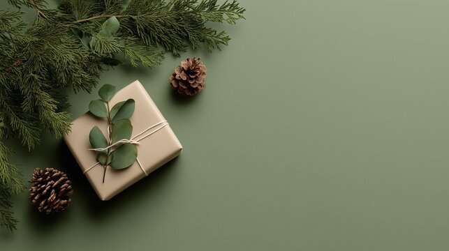 Flatlay eines Weihnachtsgeschenks in Kraftpapier mit Eukalyptus-Zweig umgeben von Tannenzapfen und Tannengr&uuml;n auf moosgr&uuml;nem Hintergrund &ndash; &Ouml;kologisches Feiertags-Stillleben