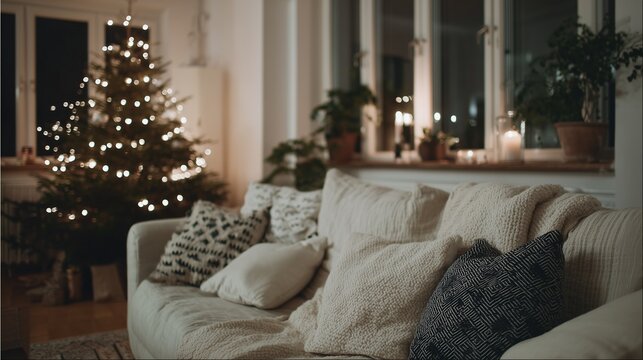 Weihnachtlich geschm&uuml;cktes Wohnzimmer mit Weihnachtsbaum und warmen Lichtern
