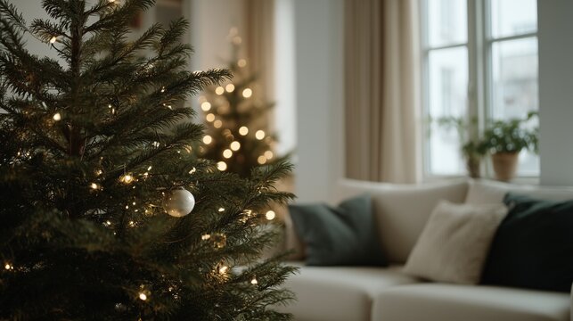 Nahaufnahme eines Weihnachtsbaums mit Lichtern und wei&szlig;er Kugel unscharfes gem&uuml;tliches Wohnzimmer mit Sofa und Fenster im Hintergrund &ndash; Festliche Dekoration